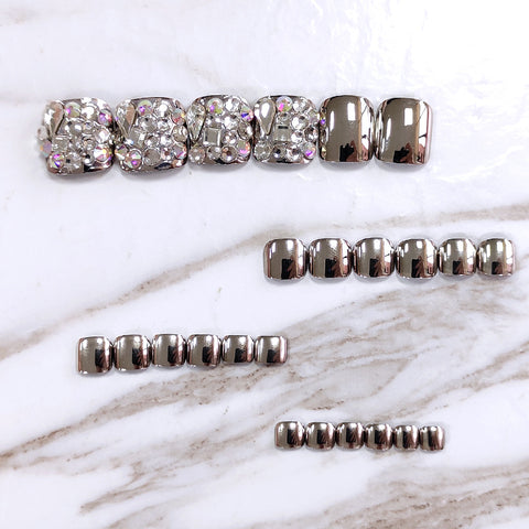 Silver Metal Glass Rhinestone Toenails