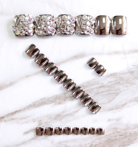 Silver Metal Glass Rhinestone Toenails