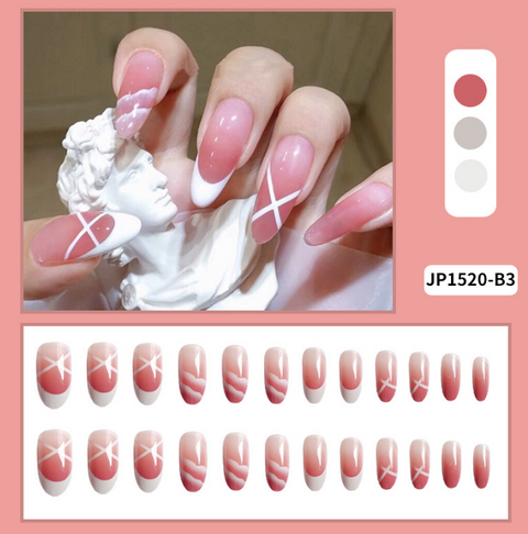 N34 Long white hill print false nails 24pcs/box with jelly glue