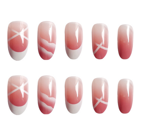 N34 Long white hill print false nails 24pcs/box with jelly glue