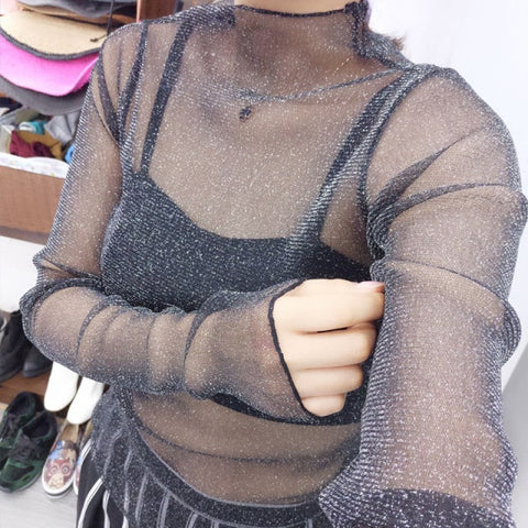 Sexy Mesh Transparent Blouses Tops Clothing Long Sleeve