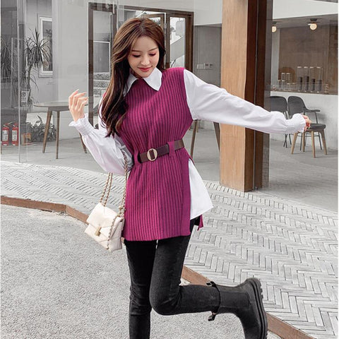 Long lantern sleeve shirt knitted womens Shirts sets Sleeveless Sweater tops