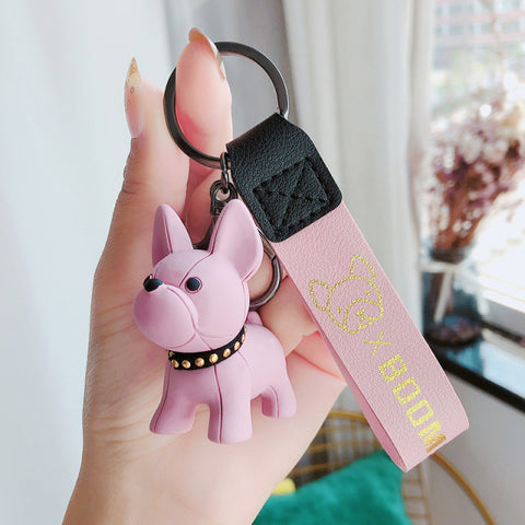 Fashion Punk French Bulldog PU Leather Dog Keychains for Women