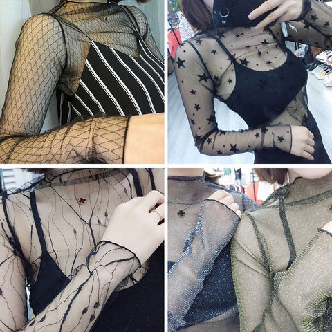 Sexy Mesh Transparent Blouses Tops Clothing Long Sleeve